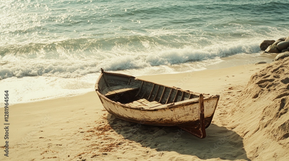 Beach scene featuring a weathered wooden boat on sand, near the shoreline. Beach scene featuring a weathered wooden boat on sand, near the shoreline.