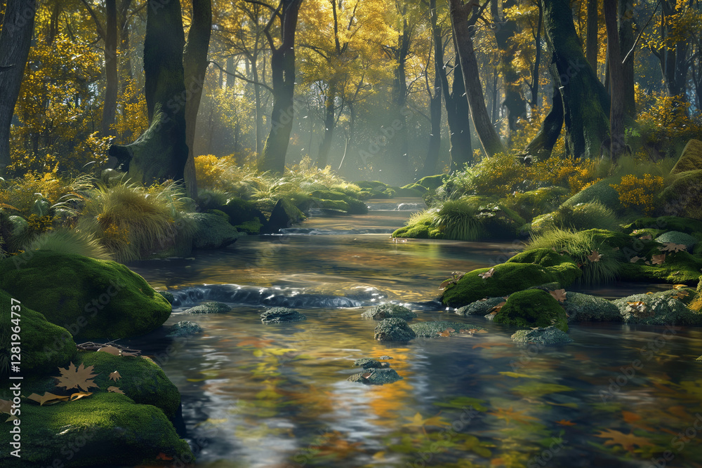A serene forest stream meandering through lush greenery, its crystal-clear waters reflecting the golden rays of sunlight filtering through the dense canopy above A serene forest stream meandering through lush greenery, its crystal-clear waters reflecting the golden rays of sunlight filtering through the dense canopy above