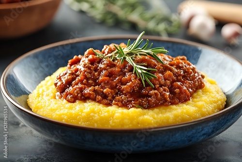 Creamy polenta with ragu, herbs. Italian food recipe