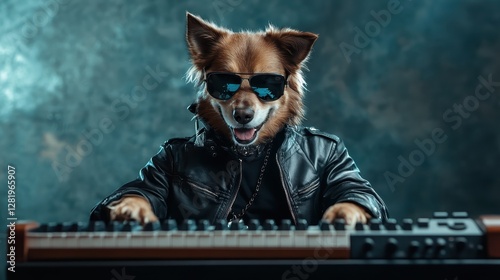 A stylish dog dressed in leather performs confidently at the piano, bringing joy and liveliness to its audience, showcasing the blending of music and canine charm. photo