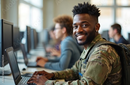 Black smiling veteran in camouflage military uniform studies on laptop in school computer lab with diverse students. Professional development, life events, career goals. Military personnel education. photo