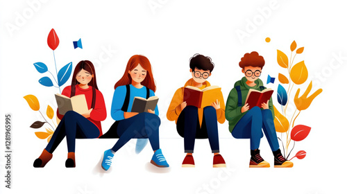 Digital Natives: A diverse group of students, absorbed in their tablets, epitomize the modern learning experience.  This illustration showcases the blend of education and technology.