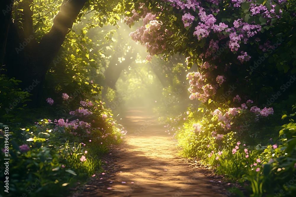 Fototapeta premium Sunlit path, blooming flowers, forest, magical