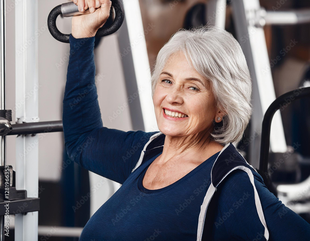 Fototapeta premium Starsza pani ćwiczy na siłowni zajęcia dla seniorów