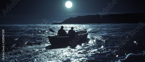 Two silhouetted figures row a boat under a luminous full moon, journeying through serene waters amidst mysteries of the night.