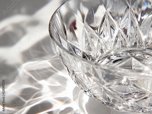 Close-up of crystal glass reflecting intricate patterns on the surface in bright light