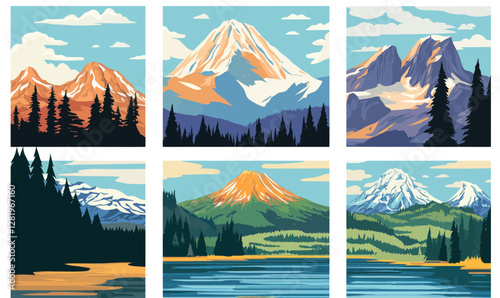 Iconic US National Parks in Flat Minimalist SVG Style: Mount Rainier, Denali, Crater Lake, Yosemite