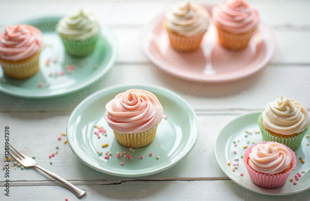 Cupcakes with pastel color cream on plates and white wooden background. Romantic composition. Perfect for birthday party, holiday sweet treats, celebration desserts or bakery promo. Tasty cake snack. Cupcakes with pastel color cream on plates and white wooden background. Romantic composition. Perfect for birthday party, holiday sweet treats, celebration desserts or bakery promo. Tasty cake snack.