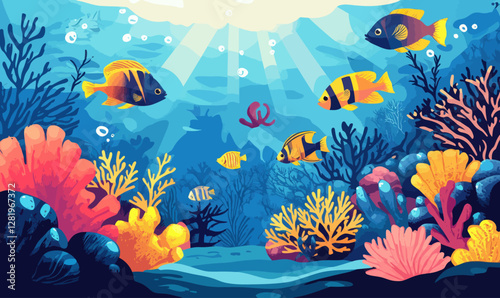 Vibrant Underwater World with Coral Reef and Colorful Fish in Minimalist Vector Art