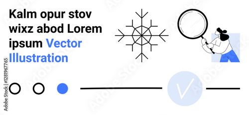 Text placeholder, woman inspecting abstract element with magnifying glass. Ideal for research, analysis, investigation, focus, observation, detail understanding concepts. Landing page