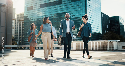 Professional, walking and business people in city in discussion on morning commute, travel and journey. Corporate, teamwork and men and women in town talking for collaboration, meeting and career