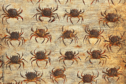Obraz na płótnie A vintage-inspired background with retro decorative textures, hundreds of small crabs arranged in a low-contrast nostalgic pattern w salonie