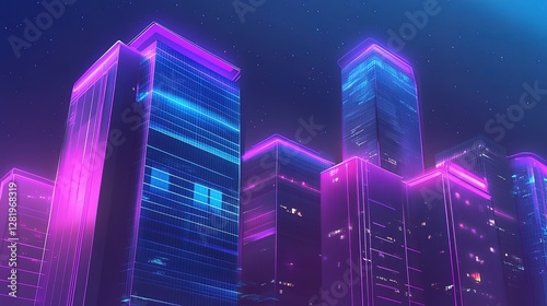 Glowing startup ecosystem with modern glass buildings and vibrant tech signage, futuristic and sleek