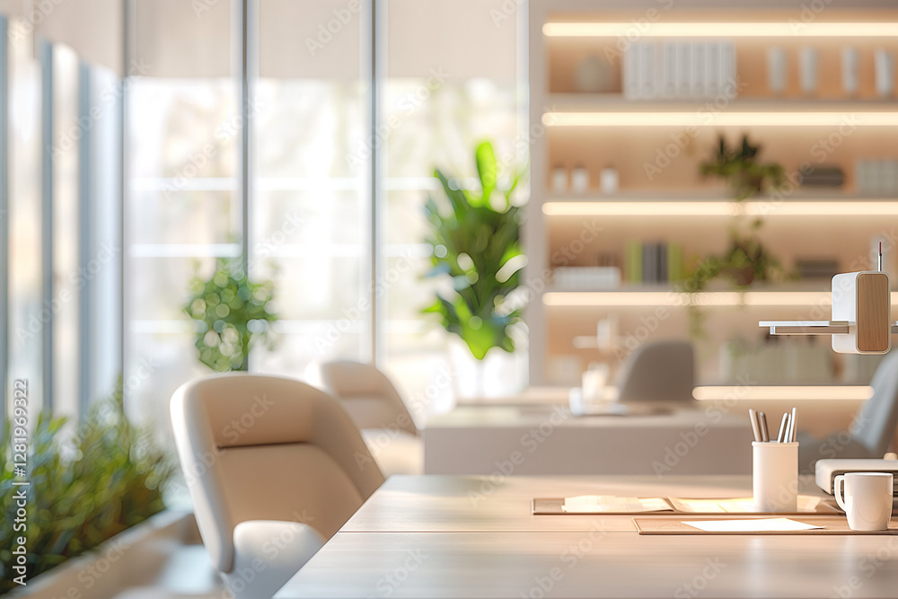 Fototapeta premium A softly blurred office background featuring modern design elements such as sleek desks