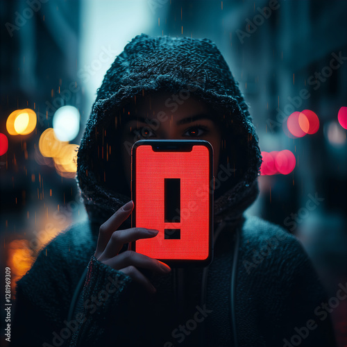 Young person holding a mobile phone showing an exclamation symbol, depressing dark weather