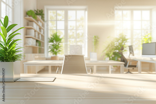 A softly blurred office background featuring modern design elements such as sleek desks