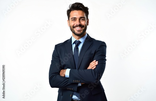 Handsome young businessman in suit smiles on transparent background. Confident male worker crossed arms, stands in formal wear. Happy business person, expert leader isolated over white. Modern