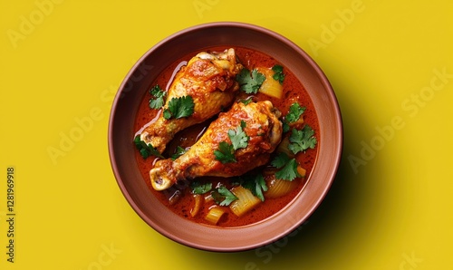 Savory chakhokhbili Georgian chicken stew with herbs on a smooth plate photo