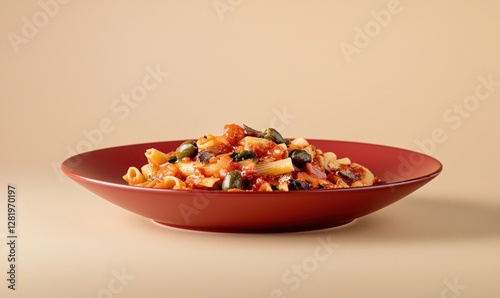 Delicious pasta puttanesca with olives, capers, and anchovies served in a vibrant red plate against a soft beige backdrop