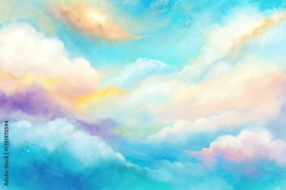 Obraz premium A painting of a blue sky with clouds and a rainbow. The sky is filled with clouds of different sizes and colors, creating a sense of depth and movement. The rainbow adds a touch of magic