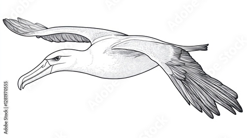 Line drawing of an albatross in flight.