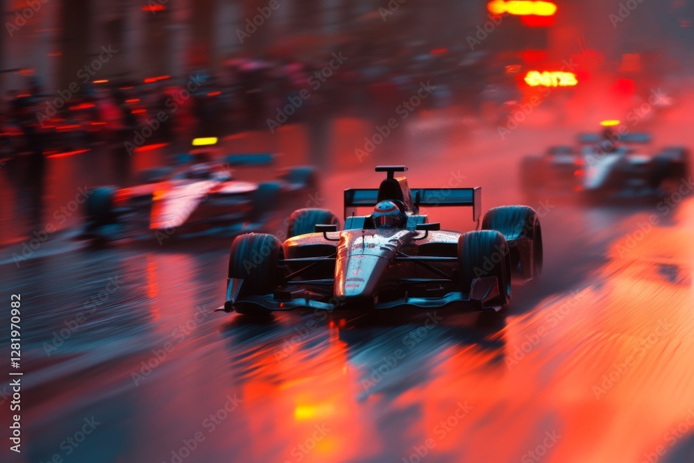 Naklejka premium Racing cars speed through a wet city street with vibrant reflections amidst rainy weather