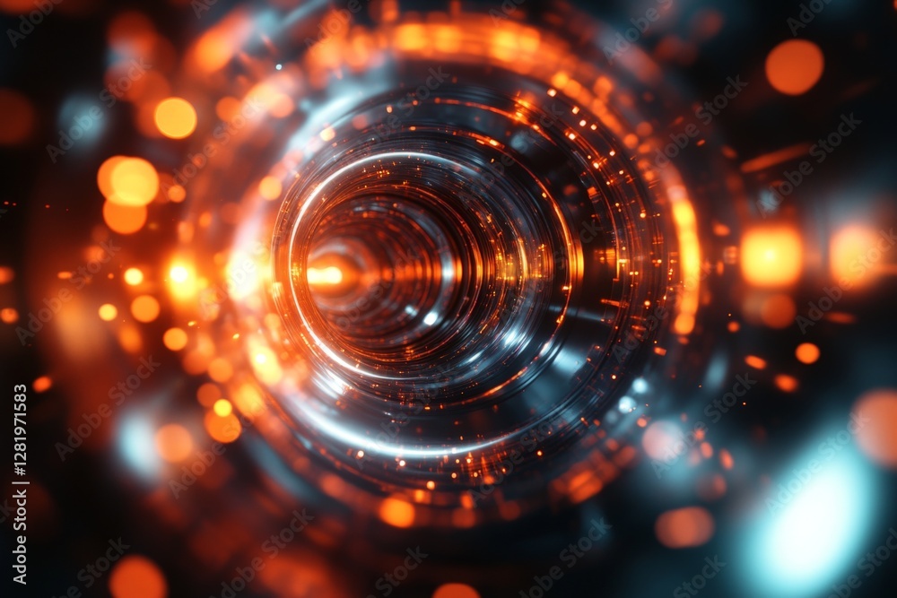 Abstract swirling patterns with glowing particles and vibrant colors in a futuristic tunnel setting Abstract swirling patterns with glowing particles and vibrant colors in a futuristic tunnel setting