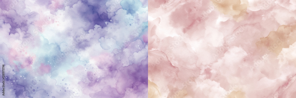 Fototapeta premium Two paintings of a sky with purple and blue clouds. The sky is filled with a variety of colors and the clouds are scattered throughout the sky. The paintings have a dreamy and ethereal quality to them