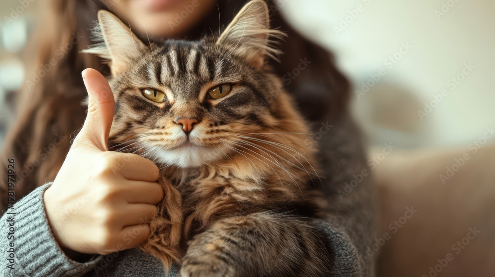 Woman gives thumbs up while holding fluffy cat Woman gives thumbs up while holding fluffy cat