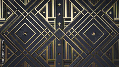 Elegant gold geometric art deco pattern design background dark navy blue on transparent background