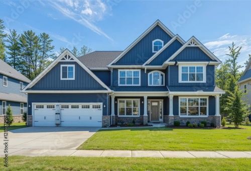 Modern Blue Two-Story House with White Trim