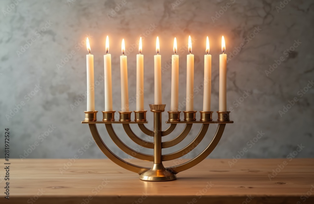 Fototapeta premium Hanukkah menorah with burning candles on wooden table. Traditional jewish holiday celebration with gold candleholder against blurred background. Religion concept. Antique object flame illuminates