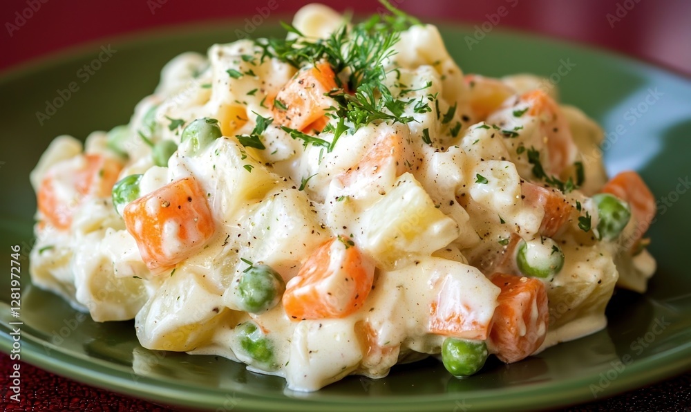 Delicious Olivier salad served on a smooth green plate with red background in cozy dining setting