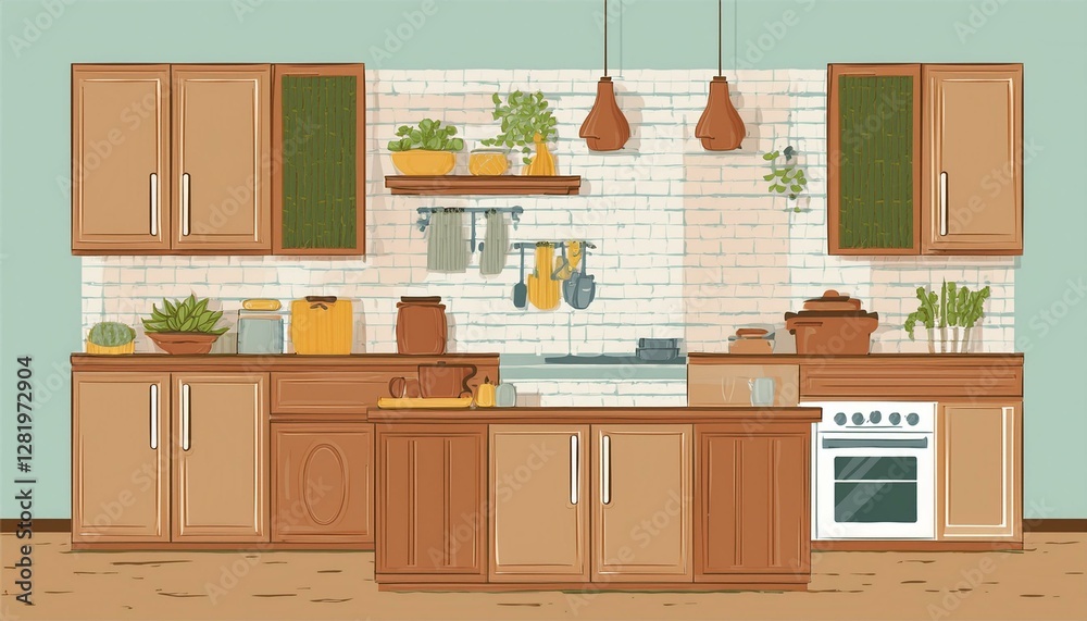 Fototapeta premium interior background with kitchen in modern rustic style illustration