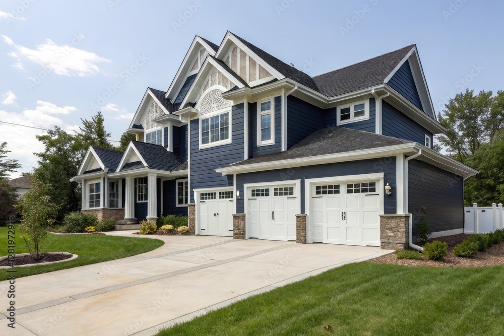 Modern Blue Two-Story House with White Trim Modern Blue Two-Story House with White Trim
