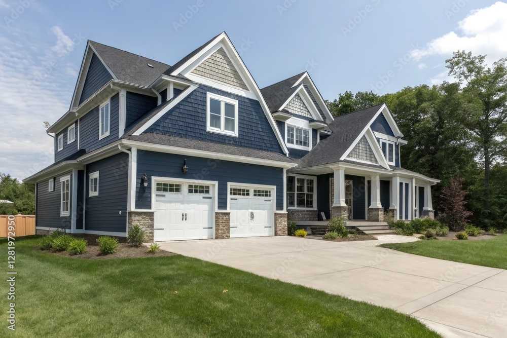 Modern Blue Two-Story House with White Trim Modern Blue Two-Story House with White Trim