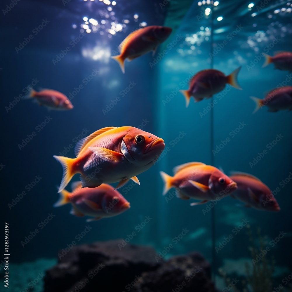 Colorful fish swimming in aquarium with a rock and a plant Colorful fish swimming in aquarium with a rock and a plant