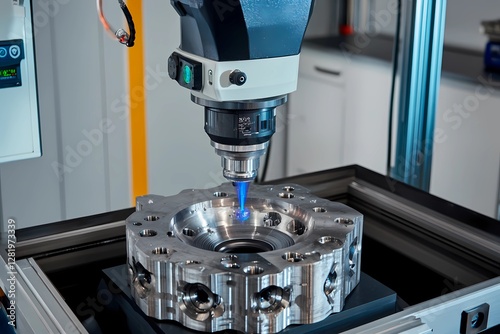 A CNC machine performs precision machining on a metal component in a modern workshop. The intricate design of the part illustrates advanced manufacturing techniques