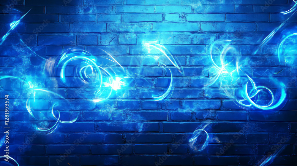 Fototapeta premium Futuristic blue neon spiral on smooth light brick wall for modern design
