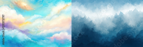 The two paintings show a sky with clouds and a blue ocean. The first painting has a more vibrant and colorful sky, while the second painting has a more muted and somber sky