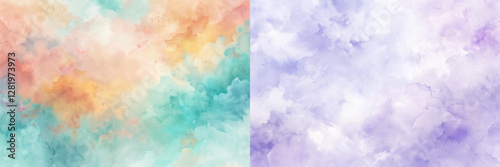 Two paintings of a colorful sky with a blue and green background. The sky is filled with clouds and the colors are vibrant