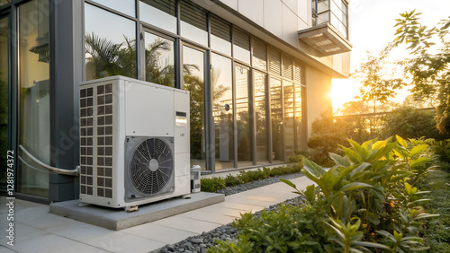 Modern Heat Pump Unit Installed Outside Eco Friendly Home at Sunset

