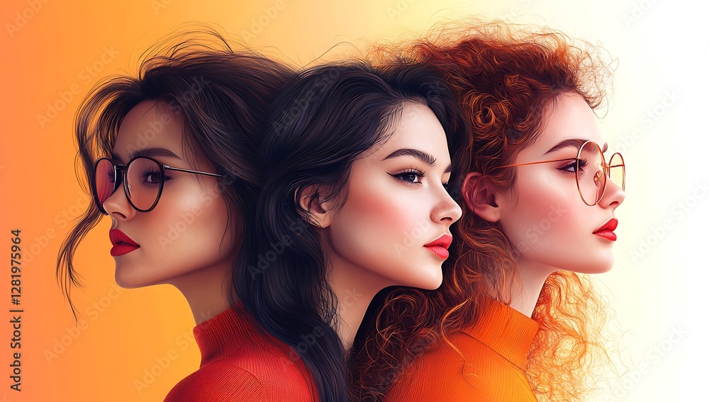 Obraz premium Three Women with Diverse Hairstyles Against a Warm Gradient
