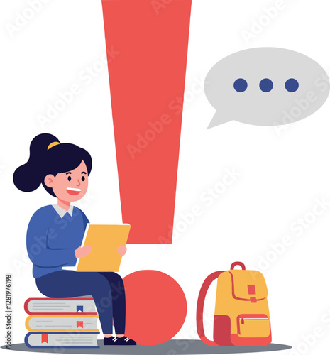 Young girl sitting on stacks of books holding a tablet with a backpack nearby in a flat vector illustration