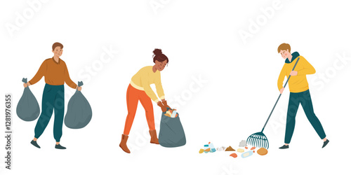 Set of three volunteers collecting trash with bags and rake, promoting environmental awareness, teamwork, and community cleanup efforts. People characters isolated on transparent background. Vector.