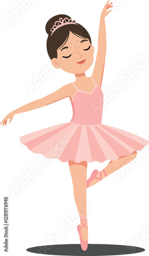 Young ballerina in a pink tutu performing a graceful pose with a joyful expression, minimalistic and joyful flat vector art