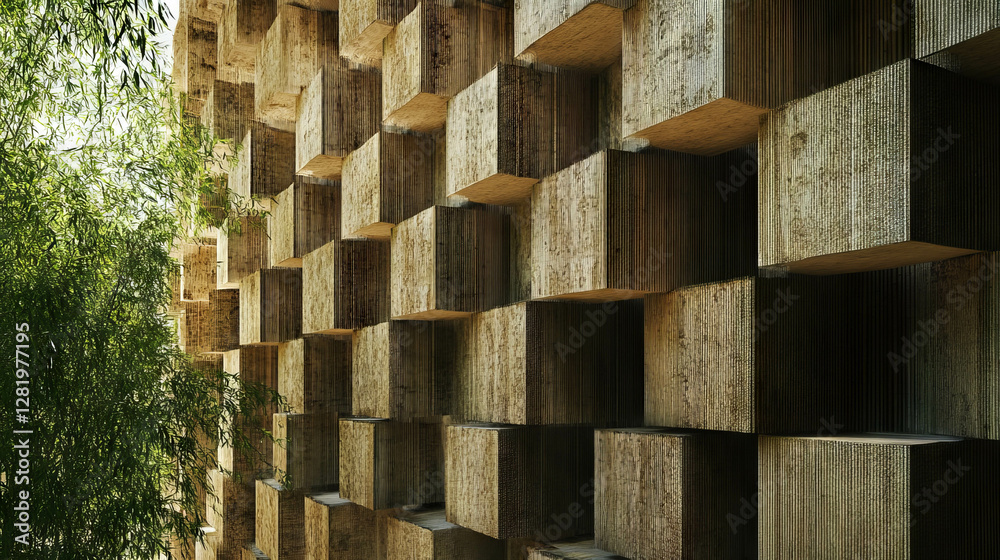 Textured bamboo blocks creating geometric pattern in layered arrangement Textured bamboo blocks creating geometric pattern in layered arrangement