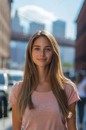 Woman standing confidently on a bustling sidewalk with city skyline in background Free Download Woman standing confidently on a bustling sidewalk with city skyline in background - GFXLoad