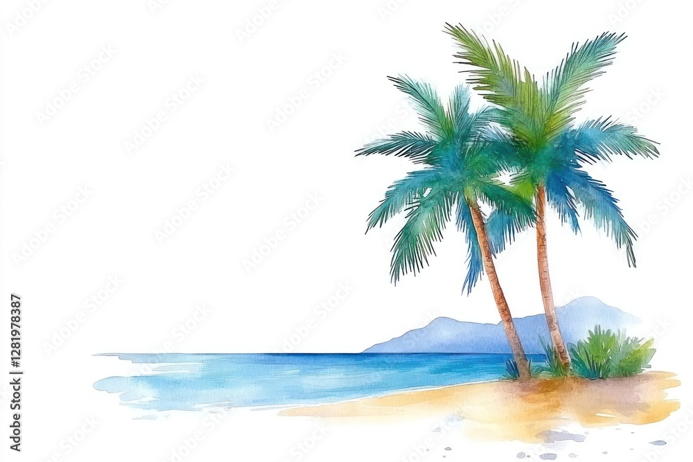 Tropical Paradise: Watercolor Palm Tree Beach Vacation Illustration for Logo or T-shirt Design Tropical Paradise: Watercolor Palm Tree Beach Vacation Illustration for Logo or T-shirt Design