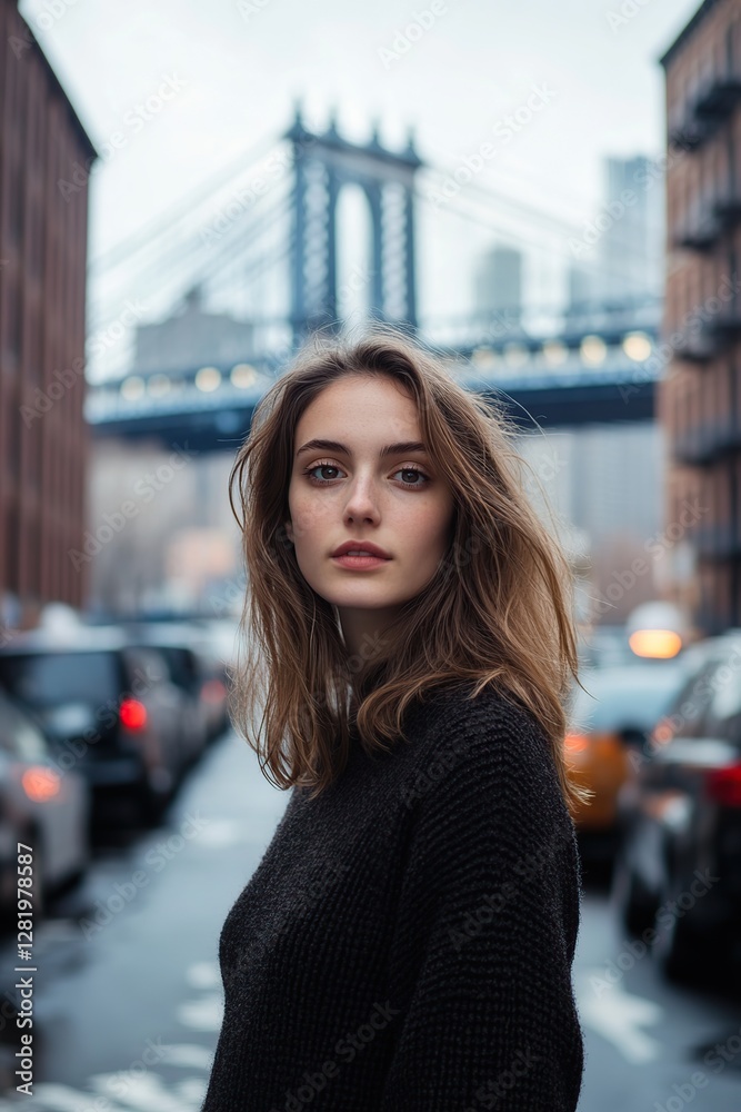 Woman standing confidently on a busy street with a bridge in the background on a sunny day Woman standing confidently on a busy street with a bridge in the background on a sunny day